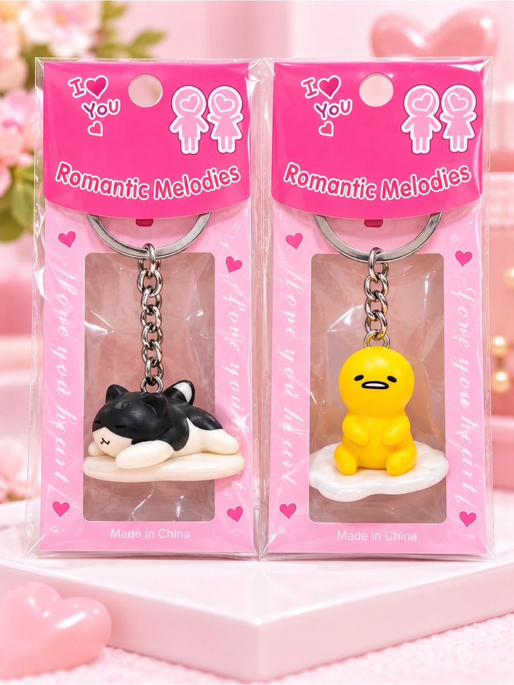 Gudetama Lazy Egg & Sleepy Cat Kawaii Keychain Bag Charm Set of 2